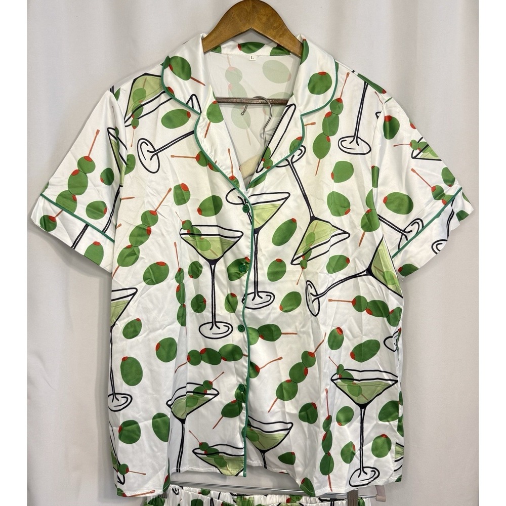 Women's Satin Martini Olive Pajama Set 2 Piece Button Up Short Sleeve Shorts L